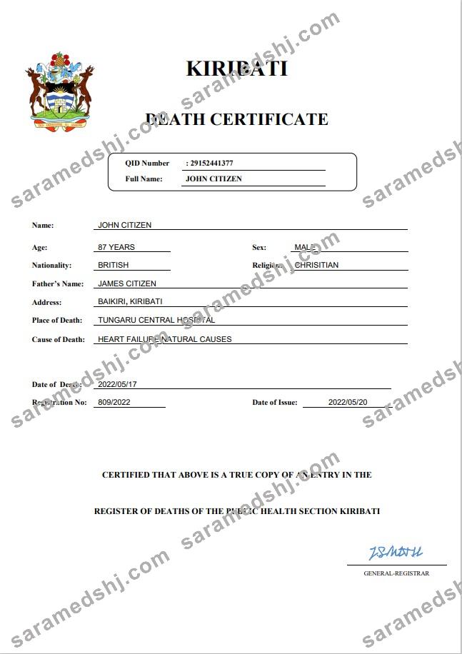 Kiribati vital record death certificate Word and PDF template